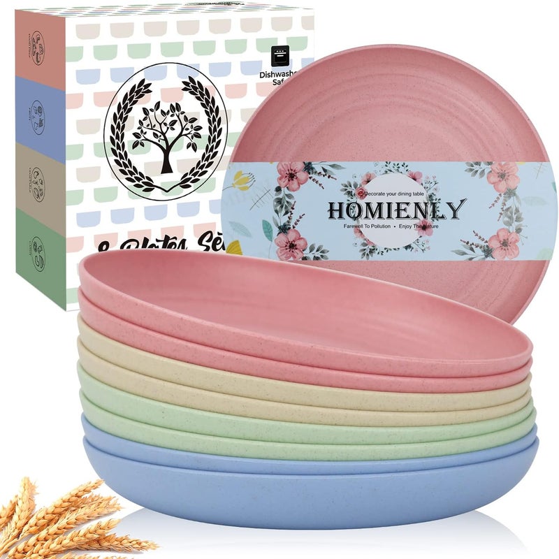 Homienly Deep Dinner Plates Set of 8 Alternative for Plastic  Microwave  Dishwasher Safe Wheat Straw Plates with 4 Colors Fresh Light 9 inch - Image 1