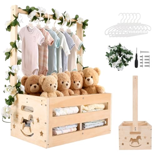 Foileon Baby Shower Crate Closet Wooden Gift Basket with Hangers and Removable Divider Personalized New Mom Gifts to Welcome Newborn Boys Girls Natural Wood - Image 1