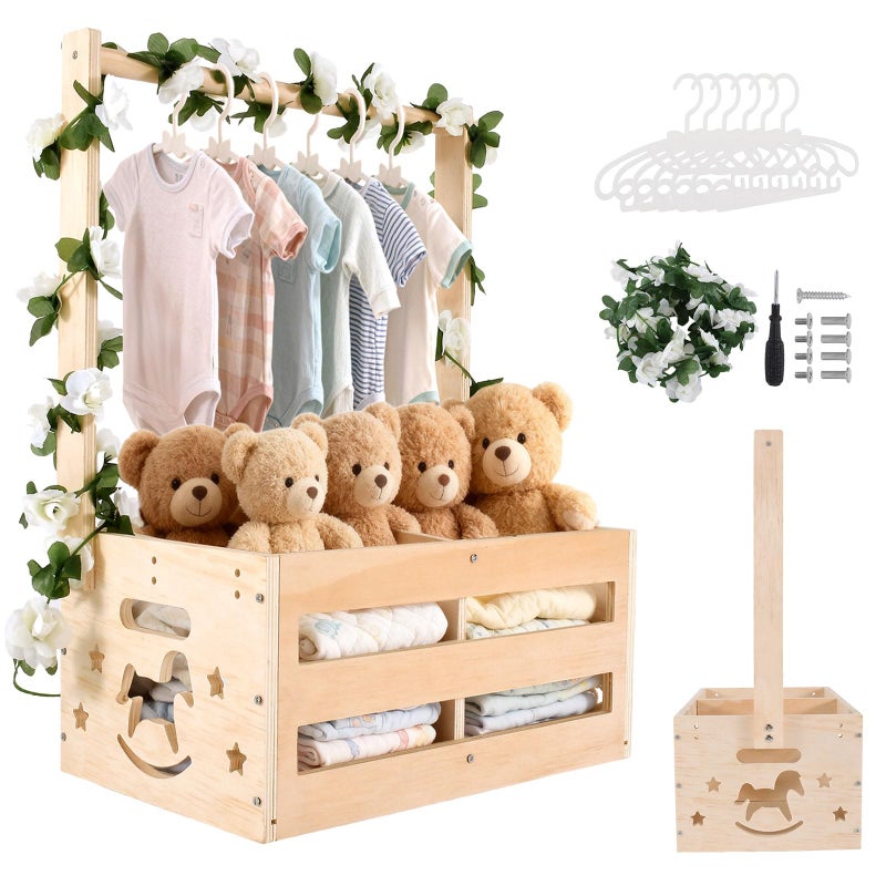 Foileon Baby Shower Crate Closet Wooden Gift Basket with Hangers and Removable Divider Personalized New Mom Gifts to Welcome Newborn Boys Girls Natural Wood - Image 2