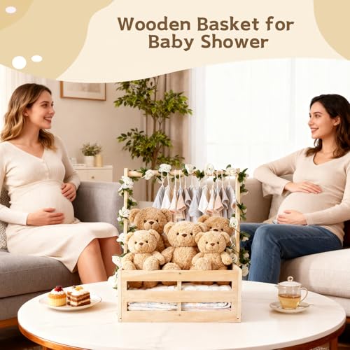 Foileon Baby Shower Crate Closet Wooden Gift Basket with Hangers and Removable Divider Personalized New Mom Gifts to Welcome Newborn Boys Girls Natural Wood - Image 3