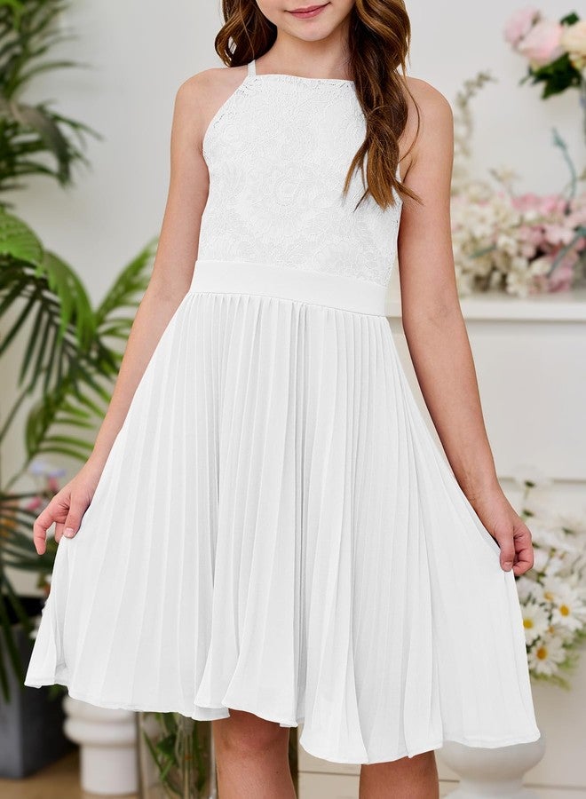 HOSIKA Girls Halter Neck Summer Sleeveless Elegant Floral Lace Chiffon A-Line Flared Swing Party Dress for 6-12 Y, White, 10 Years - Image 3