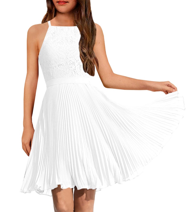 HOSIKA Girls Halter Neck Summer Sleeveless Elegant Floral Lace Chiffon A-Line Flared Swing Party Dress for 6-12 Y, White, 10 Years - Image 1
