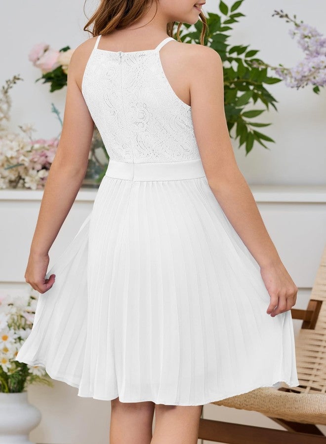 HOSIKA Girls Halter Neck Summer Sleeveless Elegant Floral Lace Chiffon A-Line Flared Swing Party Dress for 6-12 Y, White, 10 Years - Image 4