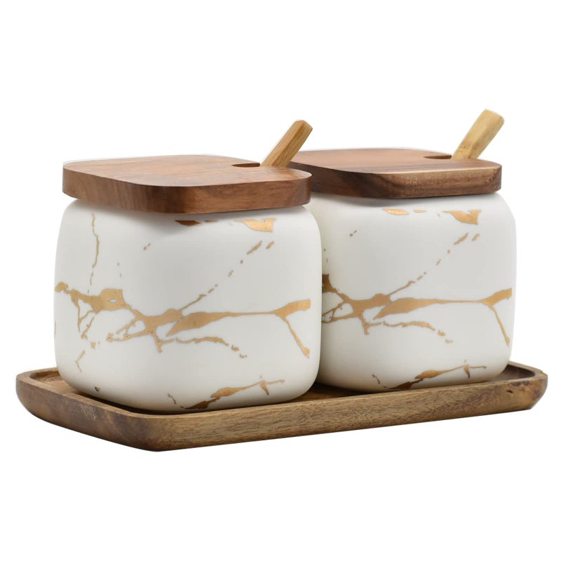 KIDYBELL KIDYBELL 2 Sets of Marble Ceramic Seasoning Jars Ceramic Sugar Bowl with LidsTray and Spoons white 