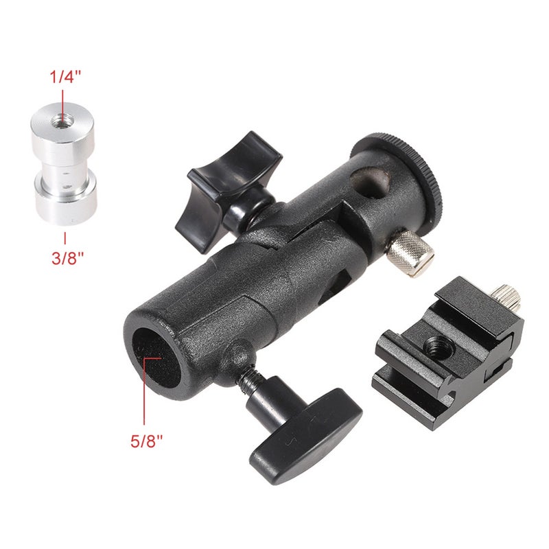 E Type Universal Metal Flash Hot Shoe Speedlite Umbrella Holder Light Stand Bracket with 1/4" to 3/8" Screw Mount Swivel Adapter - Image 3