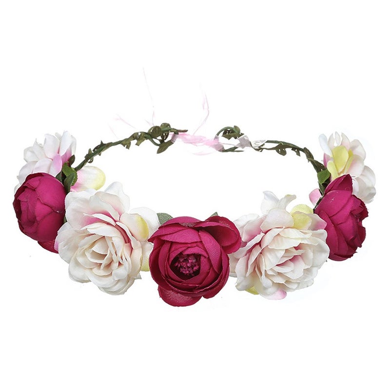 June Bloomy Women Rose Floral Crown Hair Wreath Leave Flower Headband with Adjustable Ribbon Pink Purple