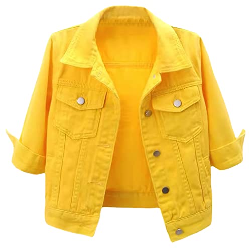 loveimgs Women Casual 34 Sleeve Button Down Cropped Denim Jean Jacket Motorcycle Short Jacket XSmall Yellow - Image 1
