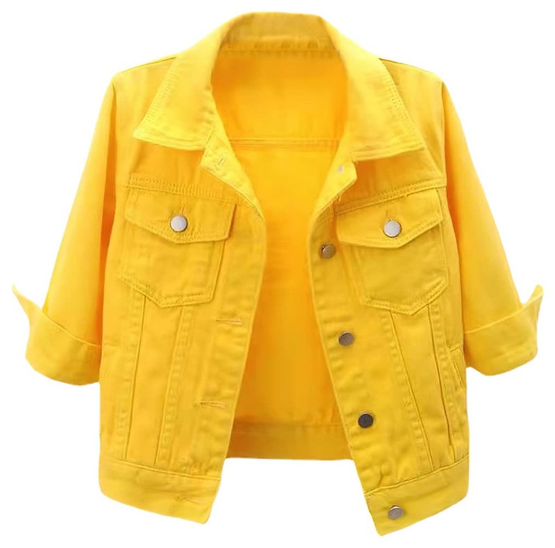 loveimgs Women Casual 34 Sleeve Button Down Cropped Denim Jean Jacket Motorcycle Short Jacket XSmall Yellow - Image 2