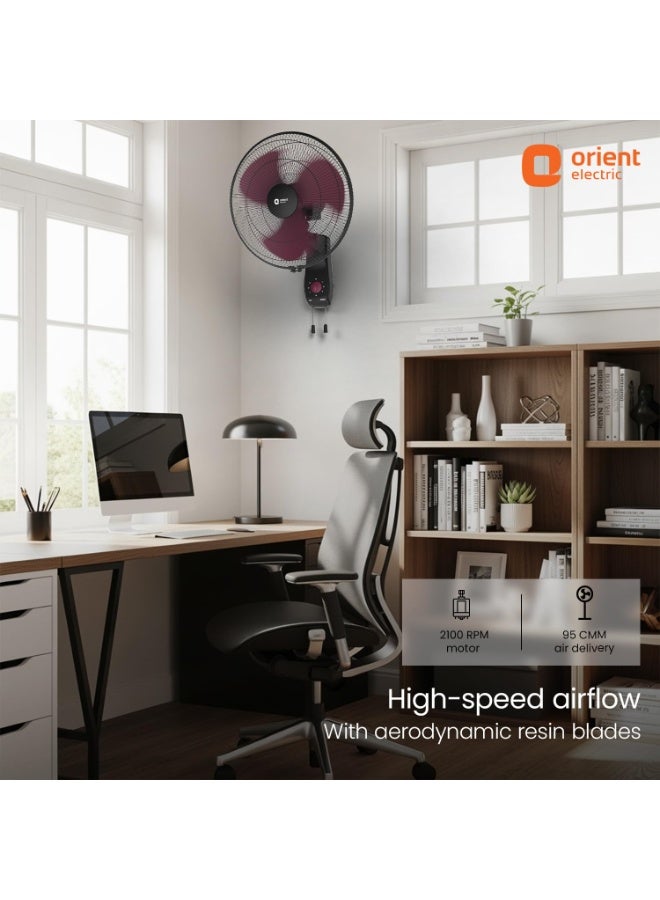 Orient Electric Wall 97 | High Speed Wall Fan for Home | 100% Copper Motor | 90 Degree Oscillation with Tilt Mechanism | 3 Speed Pull Cord | Thermal Overload Protection | Military Grade Guard | Red - Image 2
