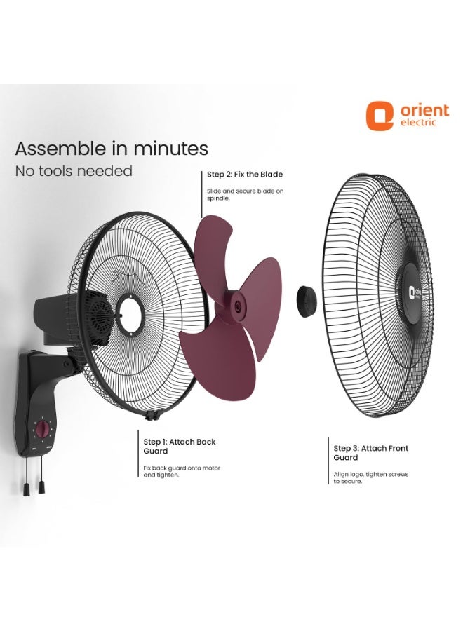 Orient Electric Wall 97 | High Speed Wall Fan for Home | 100% Copper Motor | 90 Degree Oscillation with Tilt Mechanism | 3 Speed Pull Cord | Thermal Overload Protection | Military Grade Guard | Red - Image 3