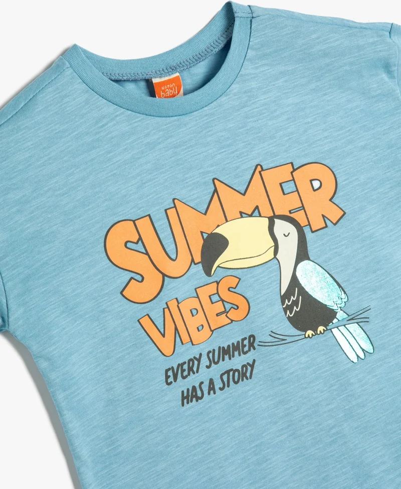 كوتون T-Shirt Crew Neck Short Sleeve Parrot Printed Cotton