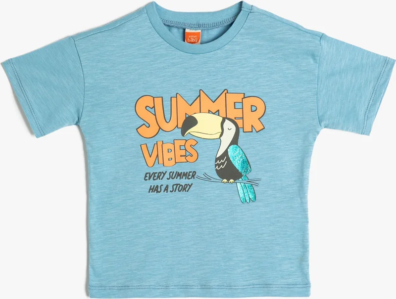كوتون T-Shirt Crew Neck Short Sleeve Parrot Printed Cotton