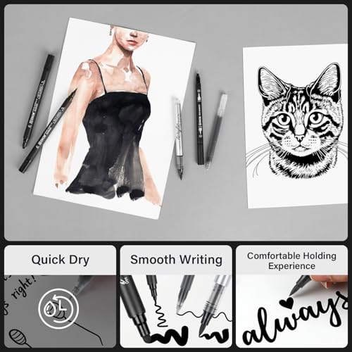 ZSCM 5 Pack Black Acrylic Ink Pens for Drawing, Fine Point Black Gel Pens, Brush Tip Markers，Dual-Tip Opaque Acrylic Markers for Highlighting Drawing, Sketching, Illustration, Card Making - Image 4