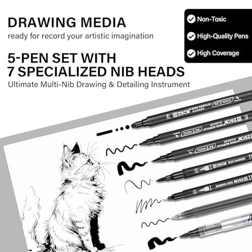 ZSCM 5 Pack Black Acrylic Ink Pens for Drawing, Fine Point Black Gel Pens, Brush Tip Markers，Dual-Tip Opaque Acrylic Markers for Highlighting Drawing, Sketching, Illustration, Card Making - Image 2