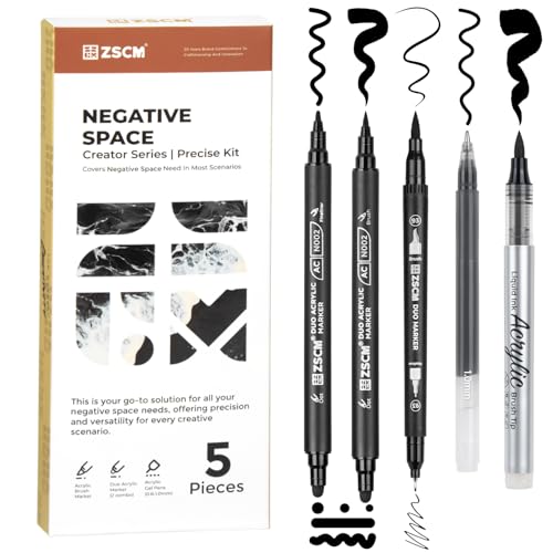 ZSCM 5 Pack Black Acrylic Ink Pens for Drawing, Fine Point Black Gel Pens, Brush Tip Markers，Dual-Tip Opaque Acrylic Markers for Highlighting Drawing, Sketching, Illustration, Card Making - Image 1