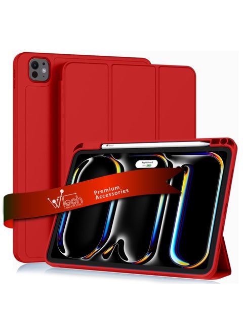 Smart Flip Auto Awake/Auto Sleep Leather Texture With Pen Holder Case Cover For Apple iPad Pro 13 5G 2024 (7th Generation) 13 Inch Red