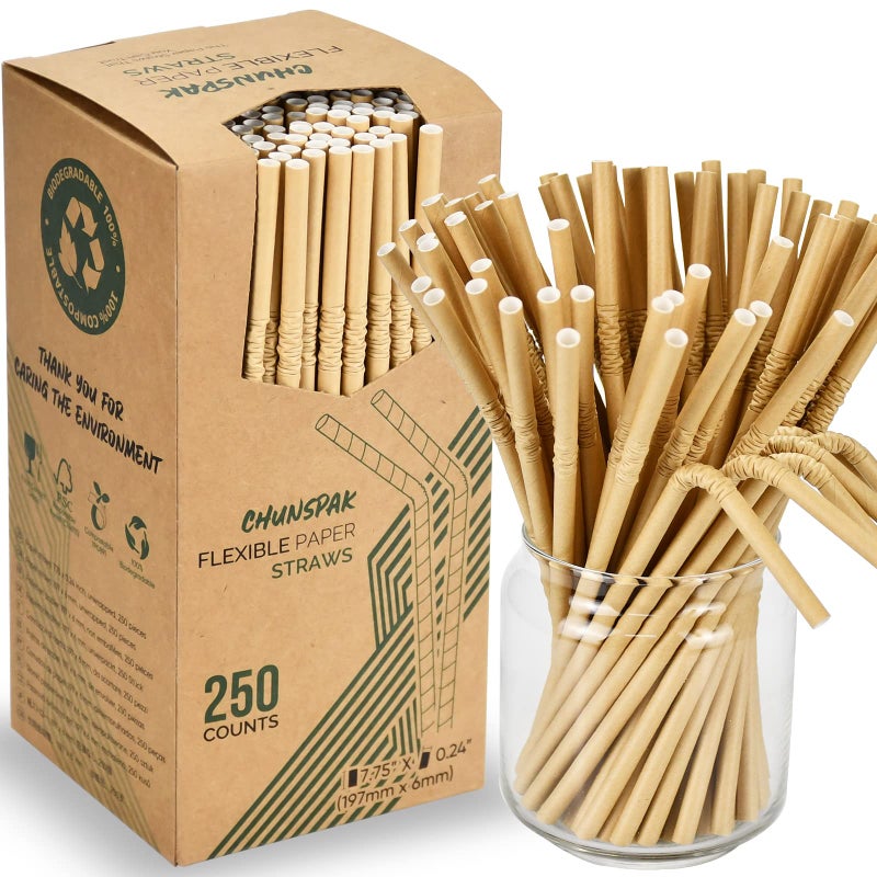 chunspak Brown Kraft Bendy Paper Straws  7.75"" x 0.24""  250 Ct. - Eco Friendly Disposable Drinking Straws - Image 1