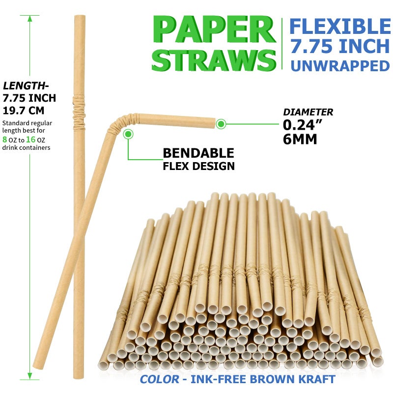 chunspak Brown Kraft Bendy Paper Straws  7.75"" x 0.24""  250 Ct. - Eco Friendly Disposable Drinking Straws - Image 2