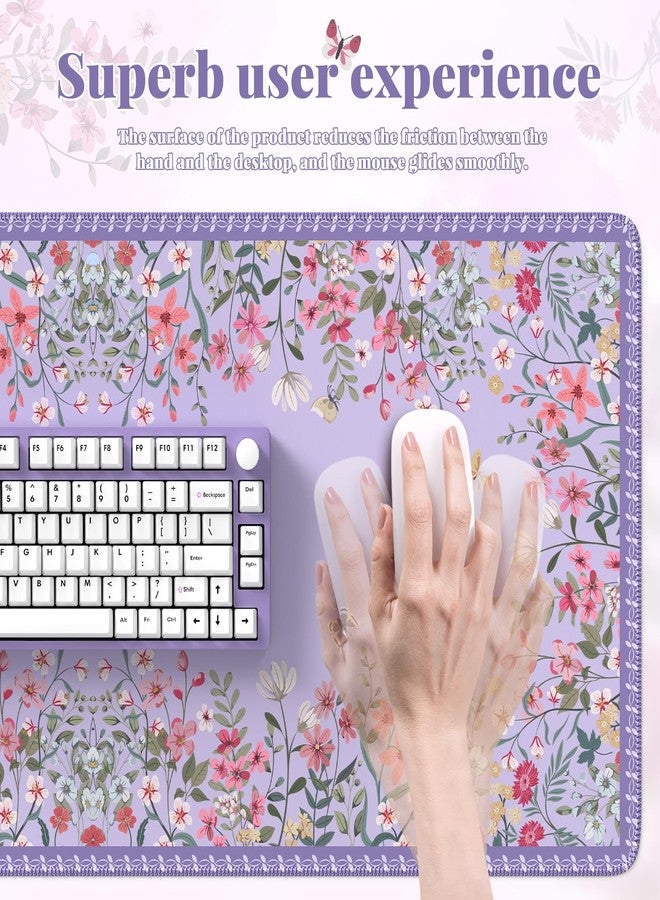 iCasso Cute Gaming Mouse Pad XXL,Anti-Slip Floral Desk Matt for Desktop,Soft Lycra Surface Computer Mat Women,Girly Big Mousepad for Home Office (Purple) - Image 4