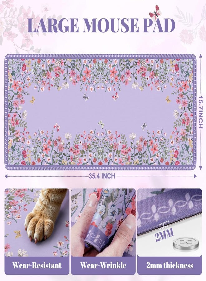 iCasso Cute Gaming Mouse Pad XXL,Anti-Slip Floral Desk Matt for Desktop,Soft Lycra Surface Computer Mat Women,Girly Big Mousepad for Home Office (Purple) - Image 2