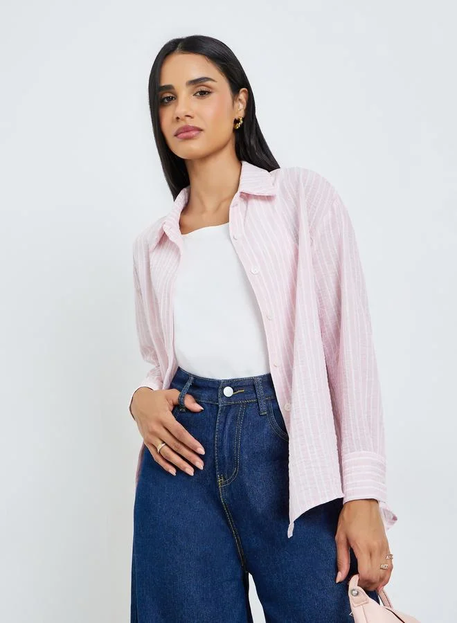 Styli Pink Striped Relaxed Fit Long Sleeve Shirt