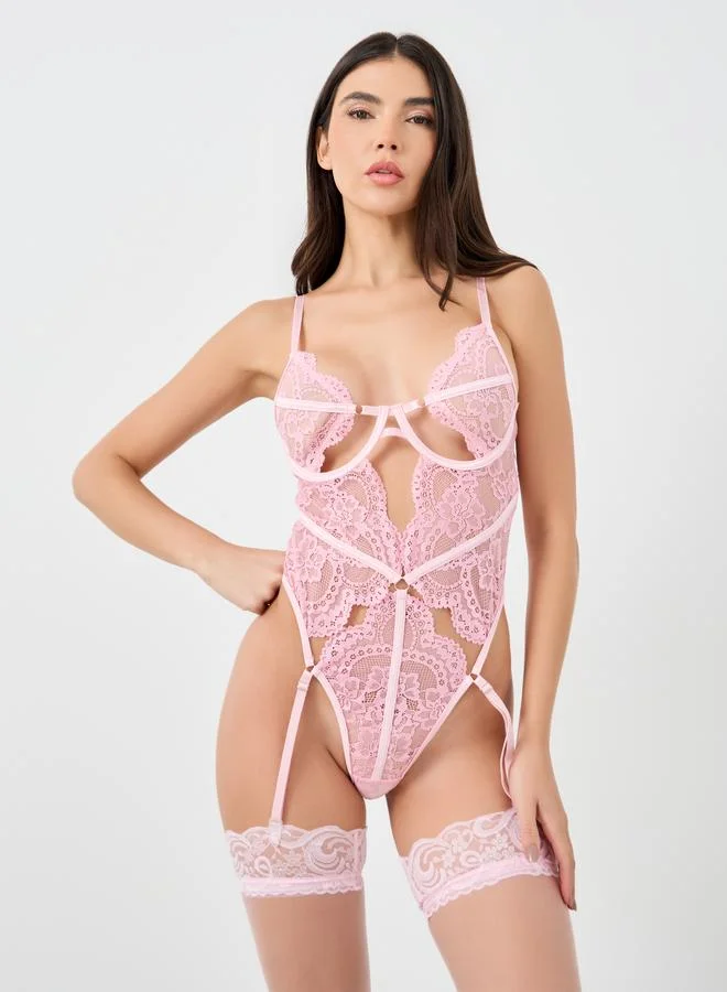 Take Two Take Two Solid Lace Wired Bodysuit and Stockings Set