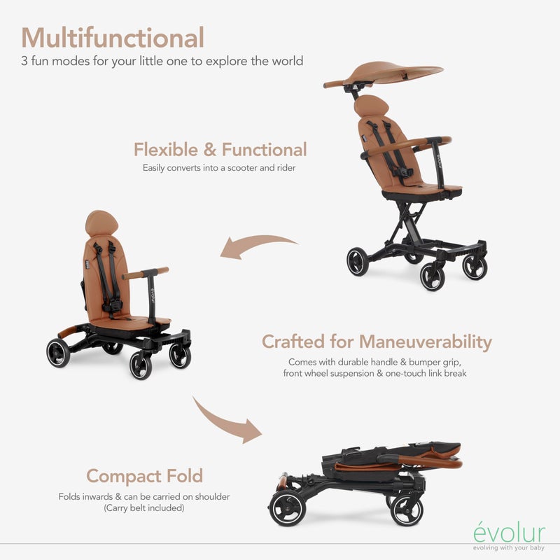 Evolur Cruise Rider Stroller with Canopy, Lightweight Umbrella Stroller with Compact Fold, Easy to Carry Travel Stroller - Cognac - Image 4