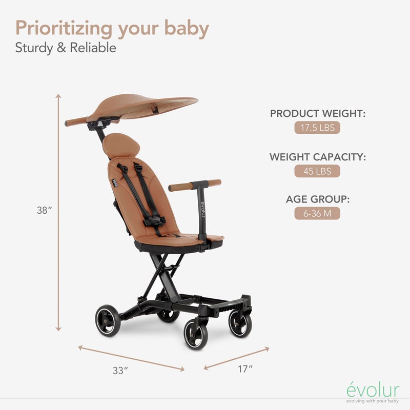 Evolur Cruise Rider Stroller with Canopy, Lightweight Umbrella Stroller with Compact Fold, Easy to Carry Travel Stroller - Cognac - Image 2