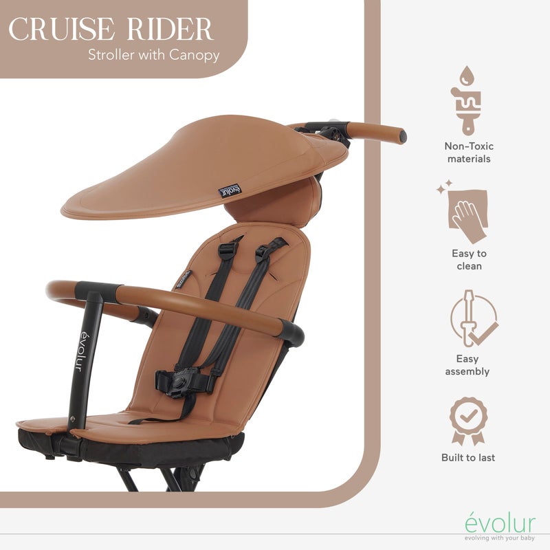 Evolur Cruise Rider Stroller with Canopy, Lightweight Umbrella Stroller with Compact Fold, Easy to Carry Travel Stroller - Cognac - Image 3