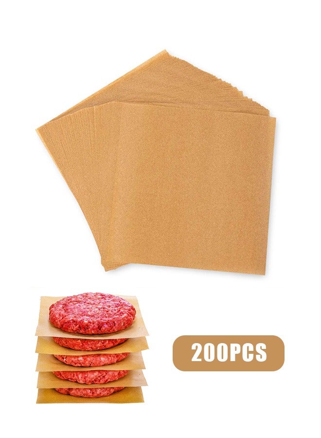 200pcs Square Burger Patty Paper, Double Sided Non Stick Unbleached Parchment Sheets, Wax Paper for Storing Seperating Patty Cookies Candys (Brown) - Image 1
