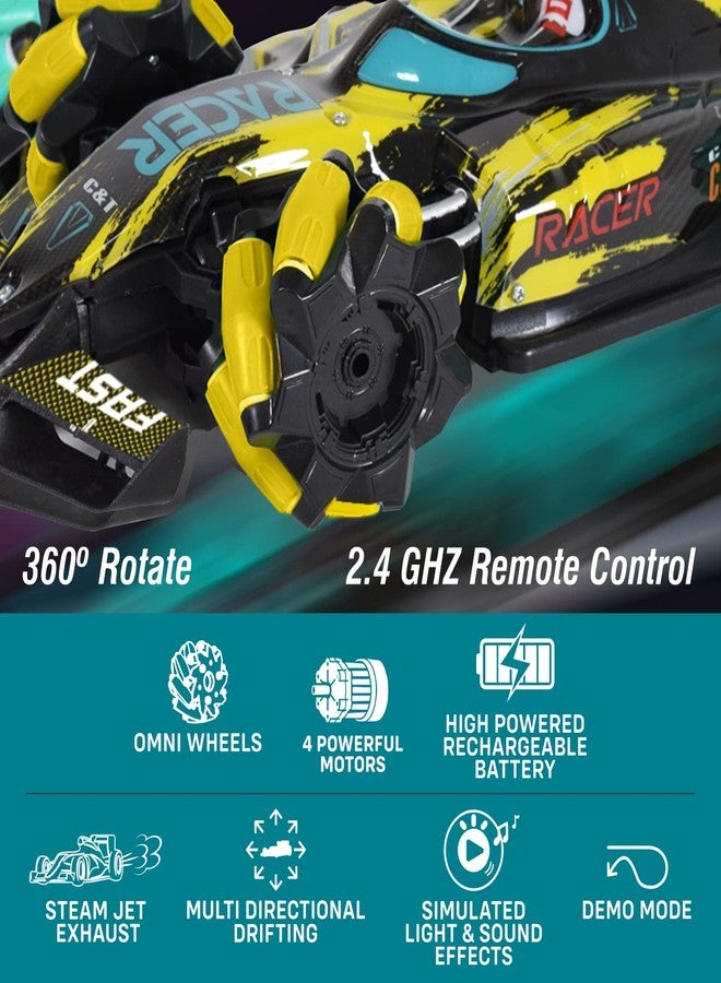 KIPA GAMING Remote Control Smoke Car with LED Lights for Kids Stunt Drift Rc Car High Speed Racer Car Toys 25 KM/H 2.4Ghz 360° Rotation Fast Stunt Toy Car (F1 Super Drifter - Yellow) - Image 3