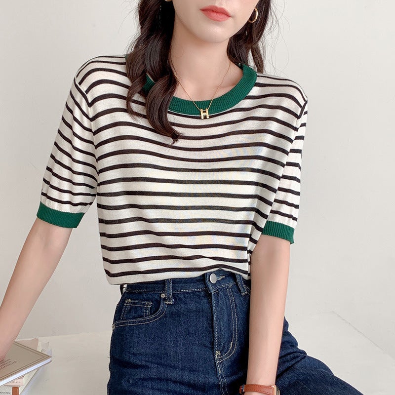 Ice Silk Knitted Shirt Short-sleeved Women's T-shirt 2023 New Summer Ins Loose Korean Style plus size Striped Short-sleeved Top Trendy - Image 5