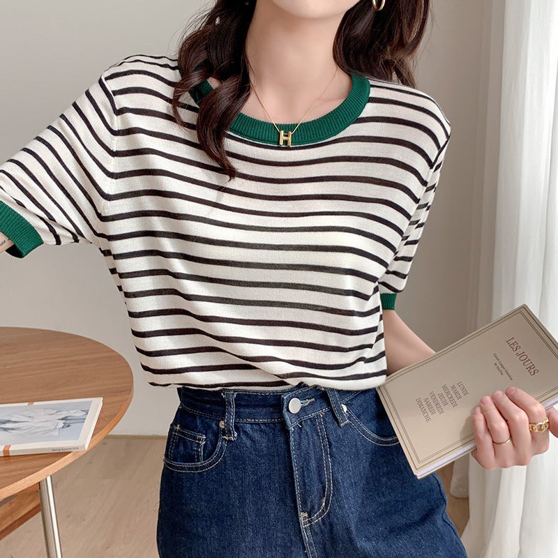 Ice Silk Knitted Shirt Short-sleeved Women's T-shirt 2023 New Summer Ins Loose Korean Style plus size Striped Short-sleeved Top Trendy - Image 2