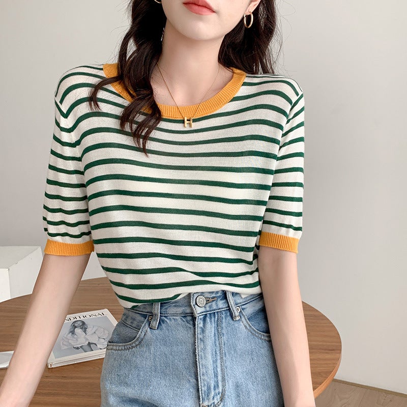 Ice Silk Knitted Shirt Short-sleeved Women's T-shirt 2023 New Summer Ins Loose Korean Style plus size Striped Short-sleeved Top Trendy - Image 3