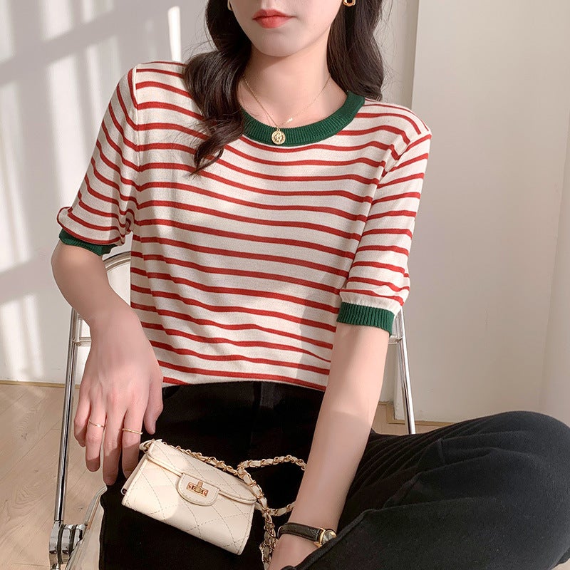 Ice Silk Knitted Shirt Short-sleeved Women's T-shirt 2023 New Summer Ins Loose Korean Style plus size Striped Short-sleeved Top Trendy - Image 4
