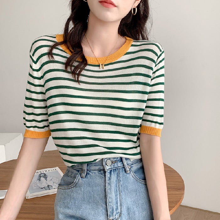Ice Silk Knitted Shirt Short-sleeved Women's T-shirt 2023 New Summer Ins Loose Korean Style plus size Striped Short-sleeved Top Trendy - Image 1