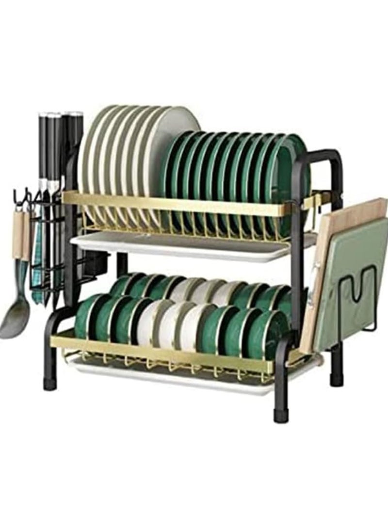 Tradeo 2-Tier Dish Drying Rack with Utensil Holder, Kitchen Organiser with Drainboard, Green and Gold - Image 1