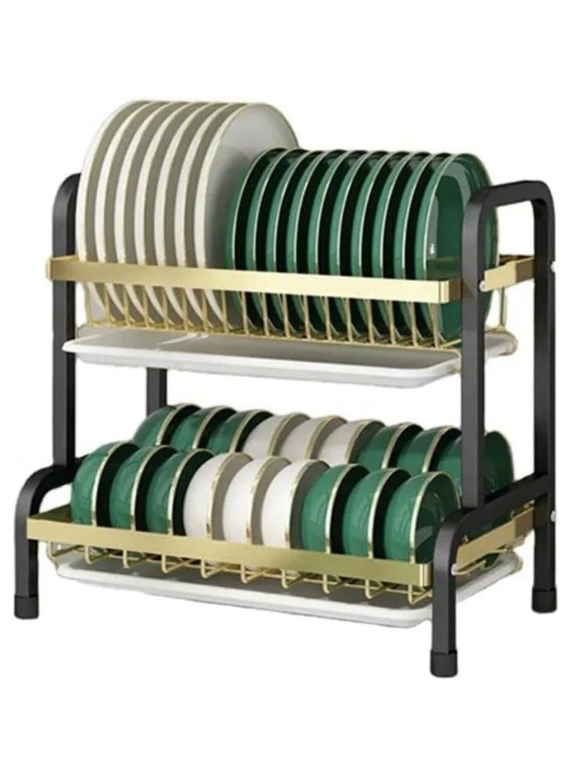 Tradeo 2-Tier Dish Drying Rack with Utensil Holder, Kitchen Organiser with Drainboard, Green and Gold - Image 2
