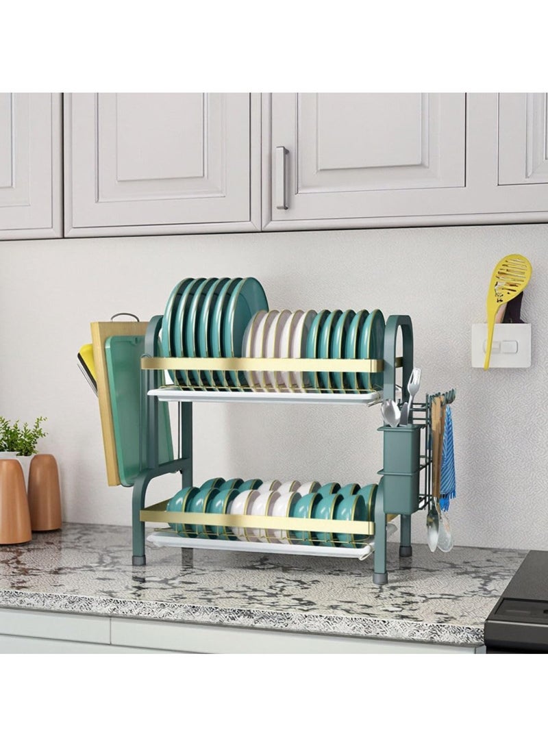 Tradeo 2-Tier Dish Drying Rack with Utensil Holder, Kitchen Organiser with Drainboard, Green and Gold - Image 3
