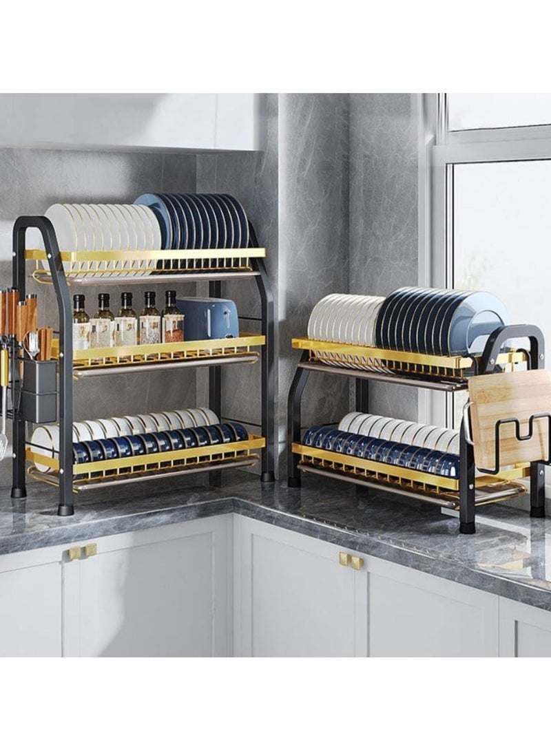 Tradeo 2-Tier Dish Drying Rack with Utensil Holder, Kitchen Organiser with Drainboard, Green and Gold - Image 4