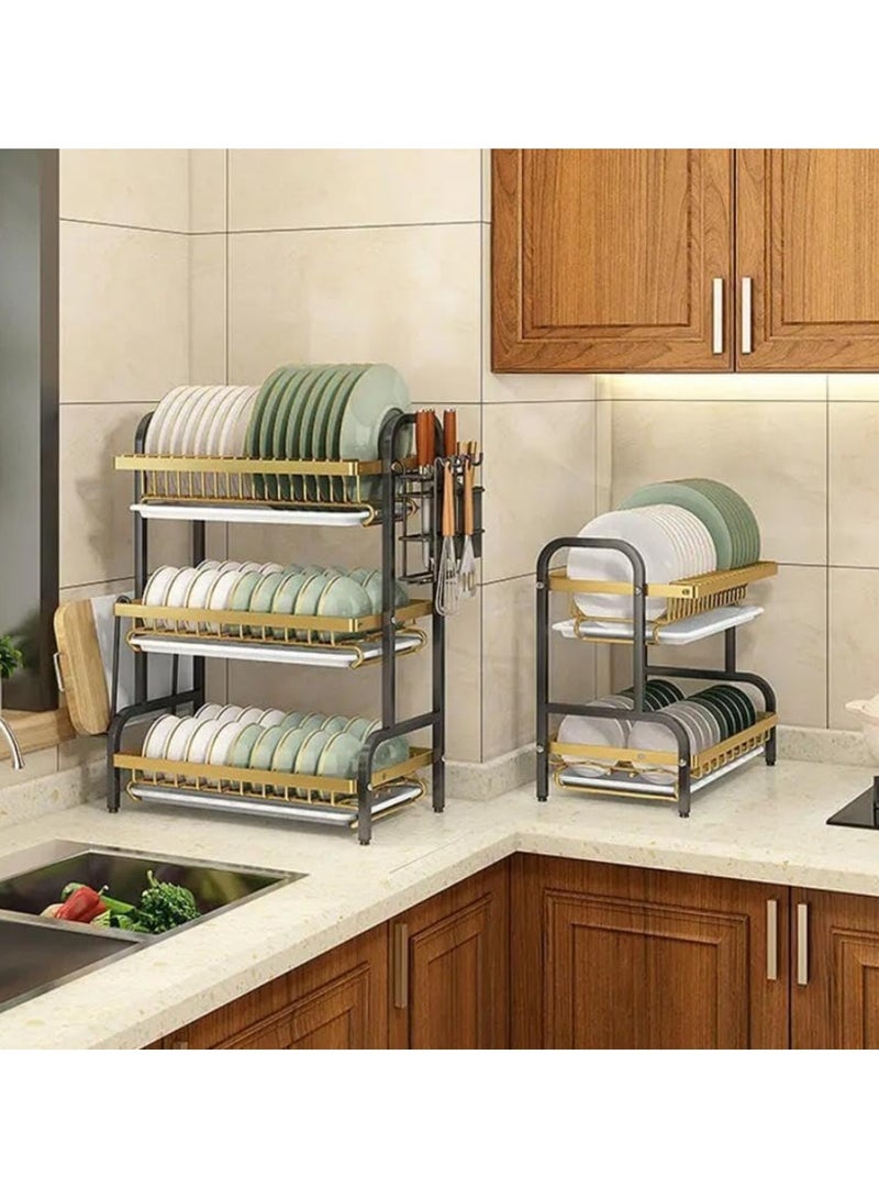 Tradeo 2-Tier Dish Drying Rack with Utensil Holder, Kitchen Organiser with Drainboard, Green and Gold - Image 5