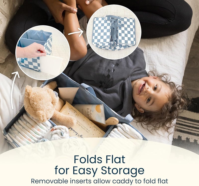 Tiny Twinkle Diaper Caddy Organizer | Foldable Baby Storage Basket with Removable Divider | Waterproof & Mess-Proof Fabric, Portable Nursery Organizer for Newborn Essentials (Sage Checkers) - Image 3