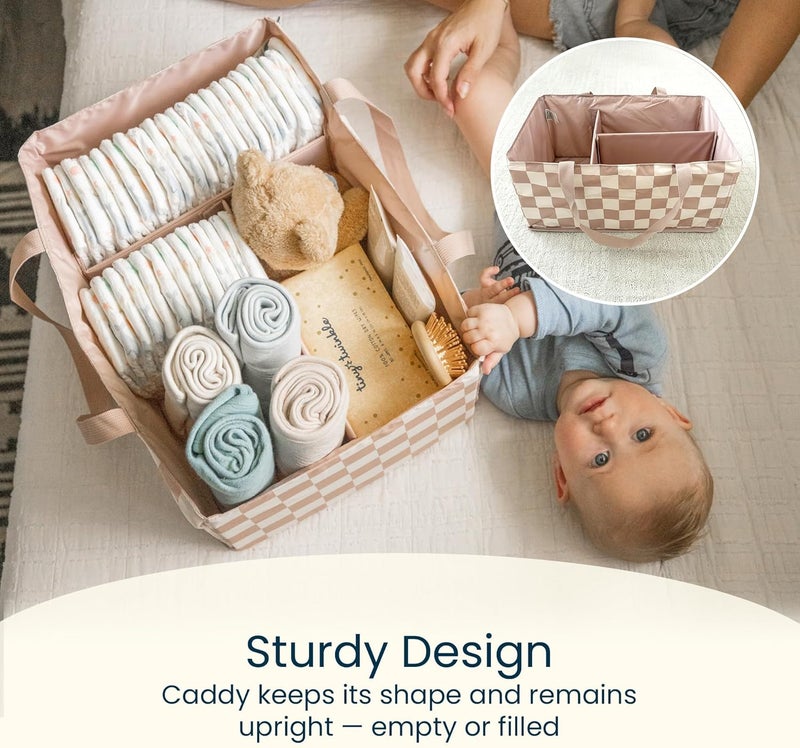 Tiny Twinkle Diaper Caddy Organizer | Foldable Baby Storage Basket with Removable Divider | Waterproof & Mess-Proof Fabric, Portable Nursery Organizer for Newborn Essentials (Sage Checkers) - Image 2