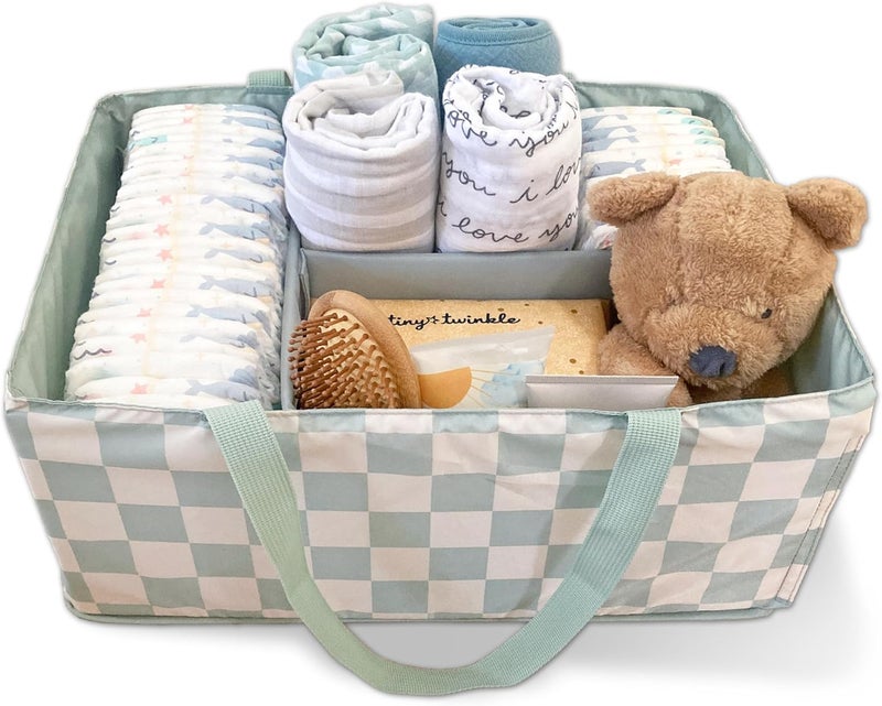 Tiny Twinkle Diaper Caddy Organizer | Foldable Baby Storage Basket with Removable Divider | Waterproof & Mess-Proof Fabric, Portable Nursery Organizer for Newborn Essentials (Sage Checkers) - Image 1