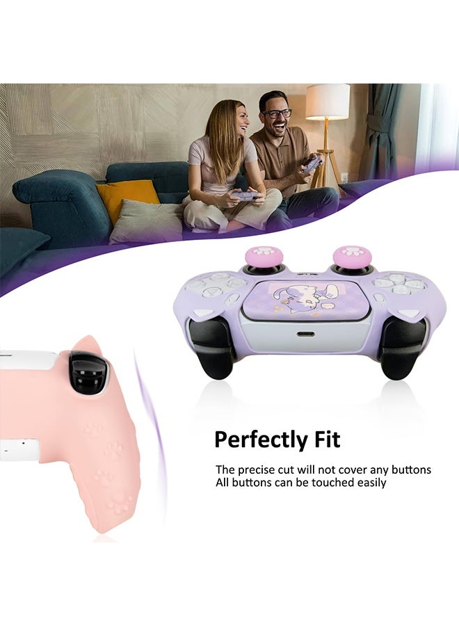 Cute Cat Paw PS5 Controller Skin Set,Anti-Slip Silicone Protective Cover Skin Case for PS5 Wireless Controller with 4 Thumb Grip Caps and 2 Sticker - Purple and Pink - Image 2