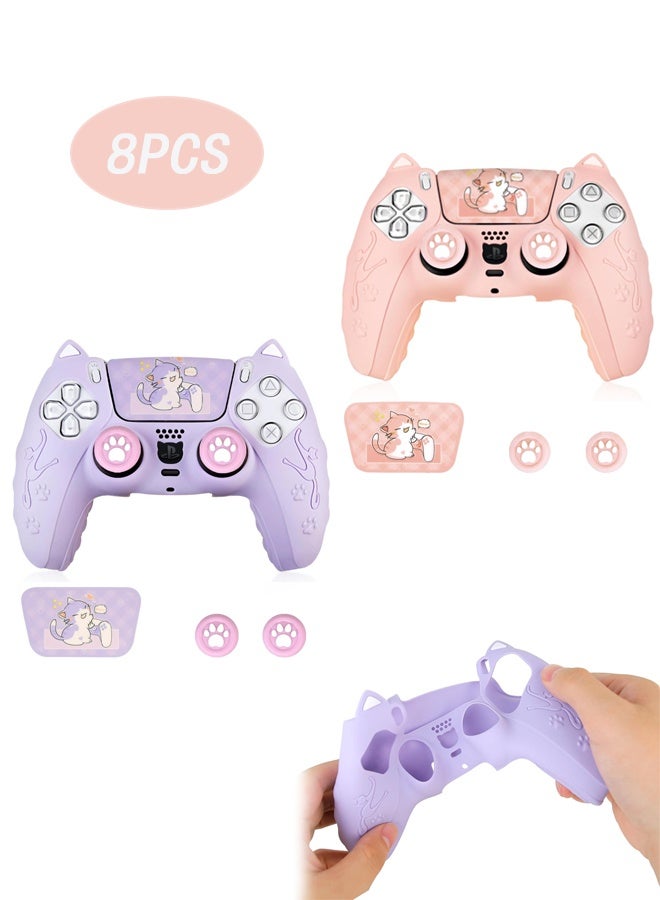 Cute Cat Paw PS5 Controller Skin Set,Anti-Slip Silicone Protective Cover Skin Case for PS5 Wireless Controller with 4 Thumb Grip Caps and 2 Sticker - Purple and Pink - Image 1