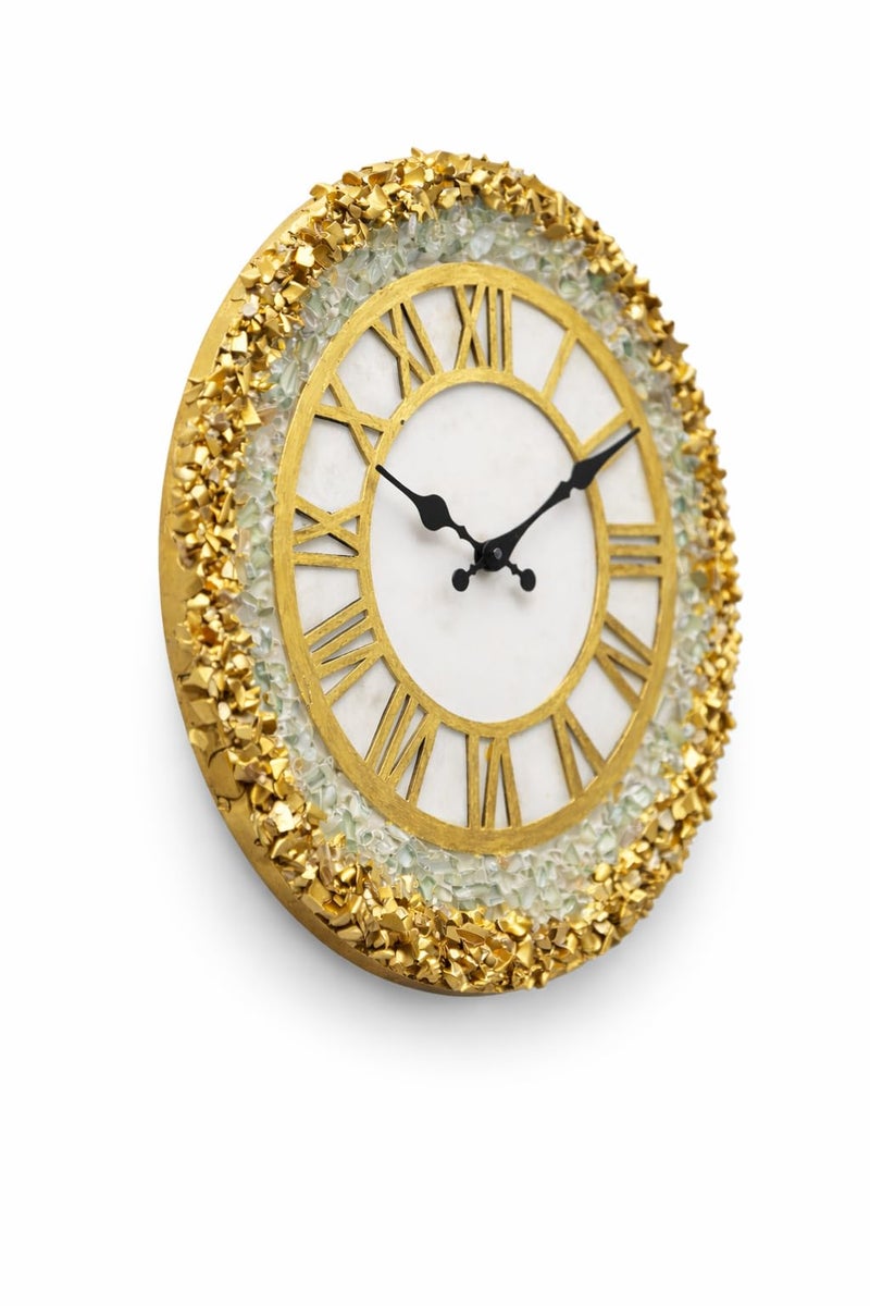 CHRONIKLE Elegant Epoxy Resin Round Handcraft White Stone Art Analog Roman Numbers Wall Clock for Living Room Home Office Decoration Gifts (Size: 30 x 6 x 30 CM | Weight: 765 grm) - Image 1