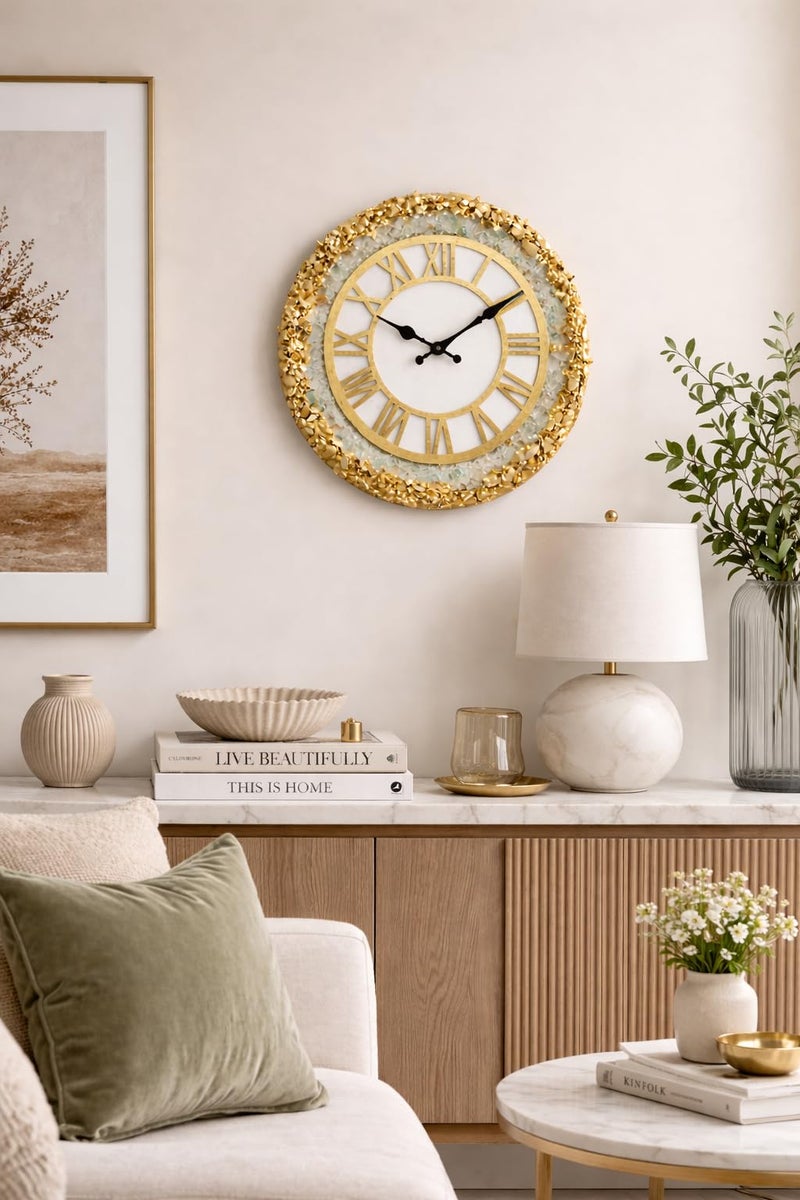 CHRONIKLE Elegant Epoxy Resin Round Handcraft White Stone Art Analog Roman Numbers Wall Clock for Living Room Home Office Decoration Gifts (Size: 30 x 6 x 30 CM | Weight: 765 grm) - Image 4