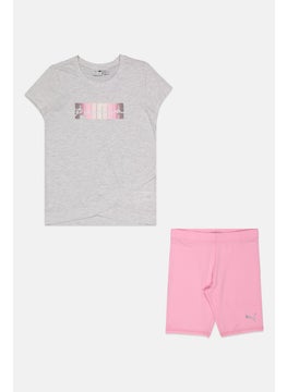 PUMA Kids Girl 2 Pieces Brand Logo Top And Short Set, Grey/Pink  - Image 1