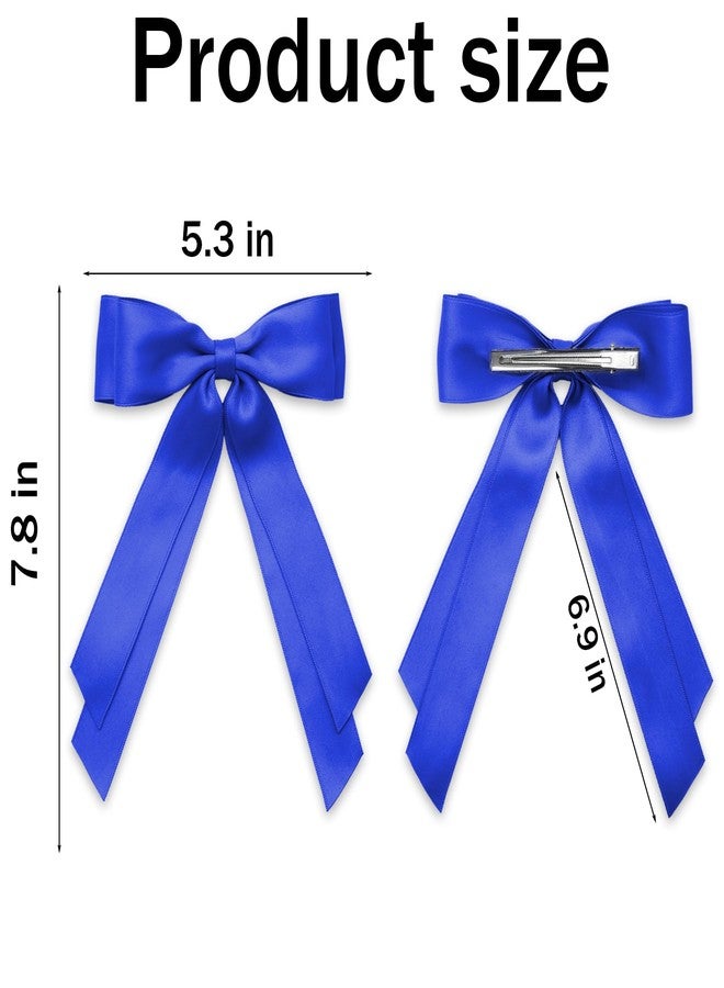 TULOBI 2Pcs Long Tail Silky Satin Hair Bows Hair Clip Royal Blue Hair Ribbon Ponytail Holder Decor Accessories Slides Metal Clips Hair Bow for Women Girls Toddlers Teens Kids 7.8inch - Image 2
